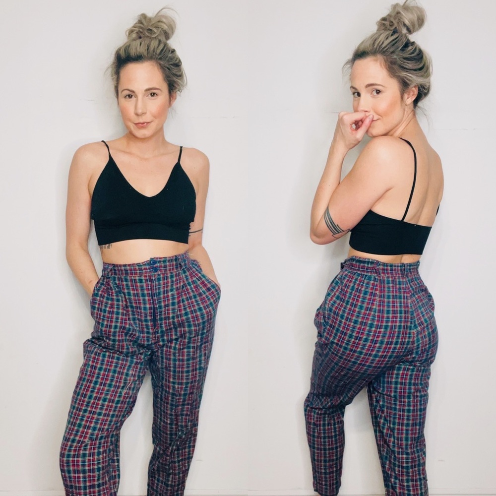 VINTAGE | Plaid Tartan High Rise Tapered Leg Lightweight Cotton Trouser Pants